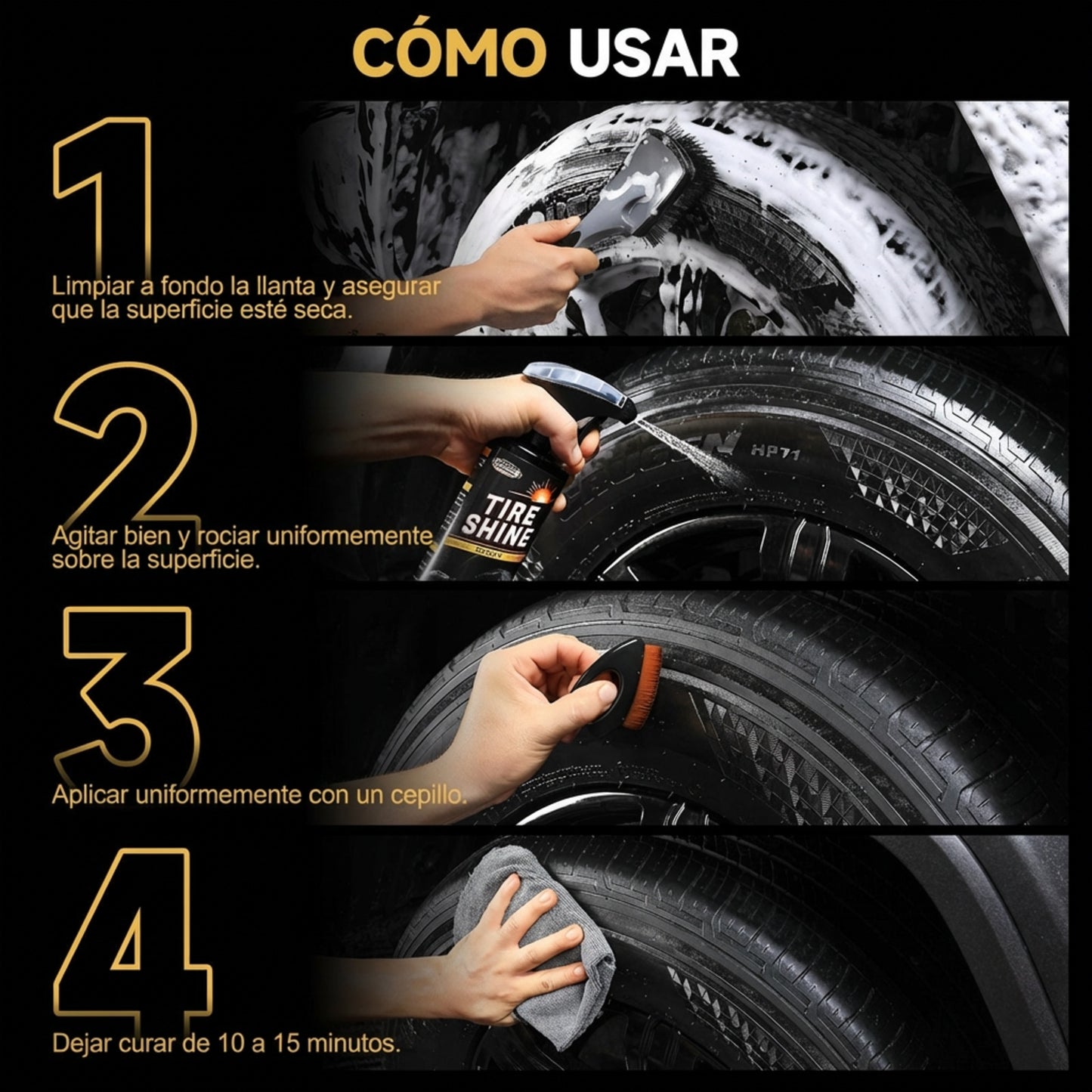 Spray Abrillantador de Llantas, Resistente a manchas y Brillo Instantáneo de Larga Duración